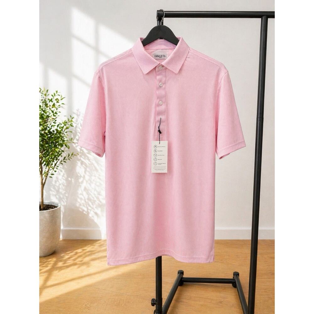 NWT Collars & Co M Pink Micro-Gingham Polo